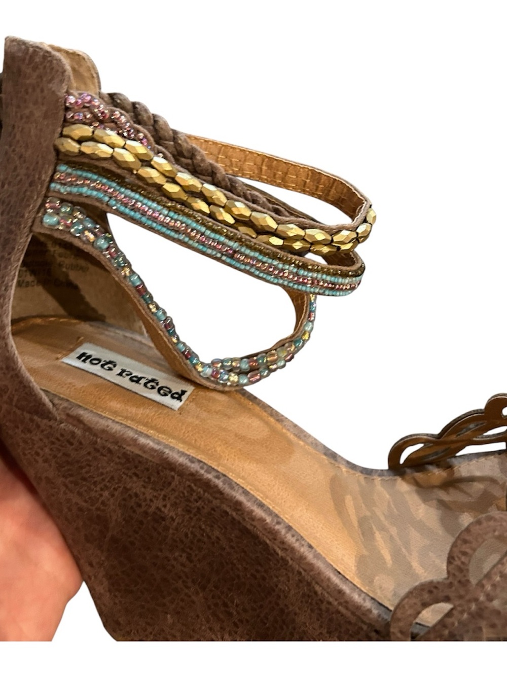 Steve Madden Tan Brown Suede Wedge Sandals with Beaded Fringe - Picture 3 of 6